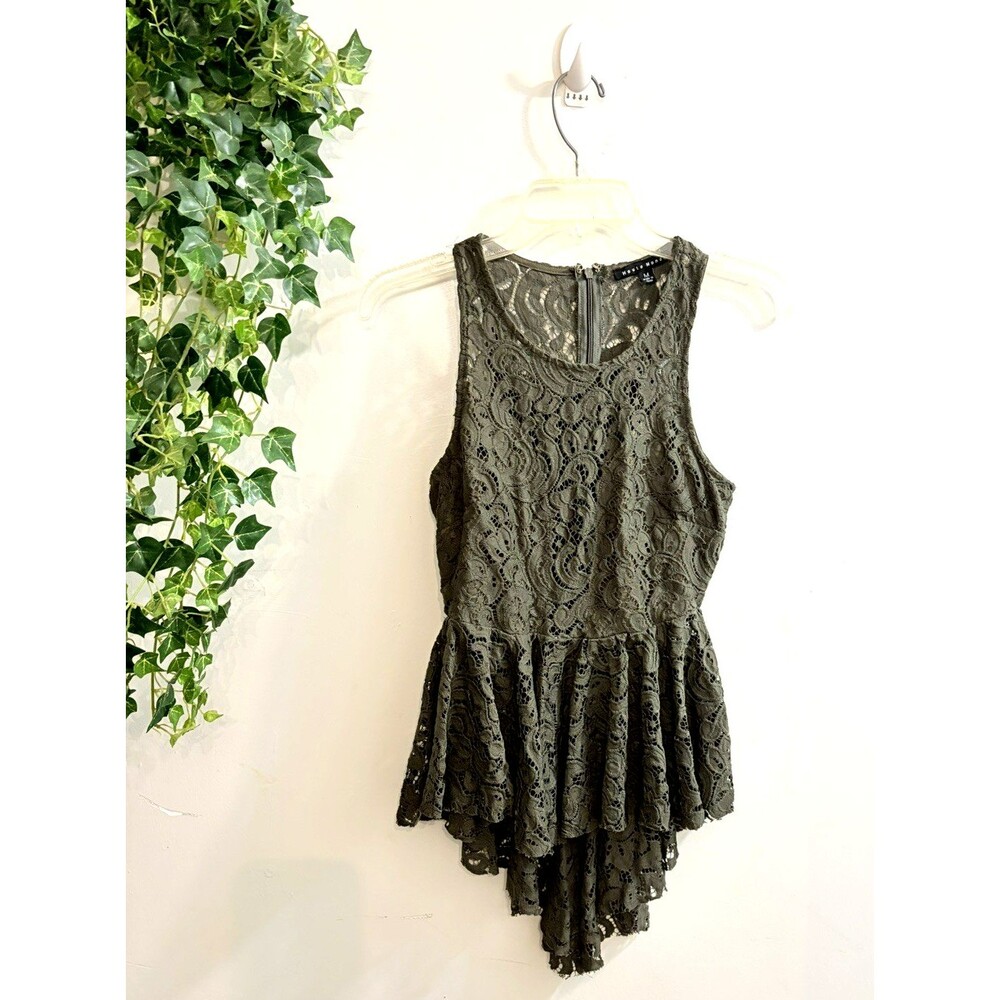 Haute Monde Women Lace Top Sz M Green Sleeveless Peplum Boho Shabby Chic Zip Up